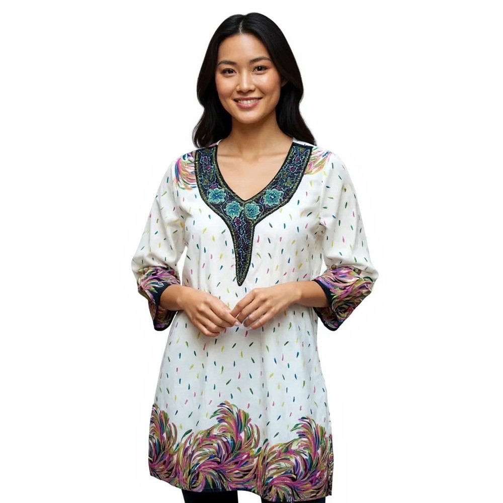 Choosy Cherry Boho Colorful Festival Tunic Style Beaded Neckline Dress S Large